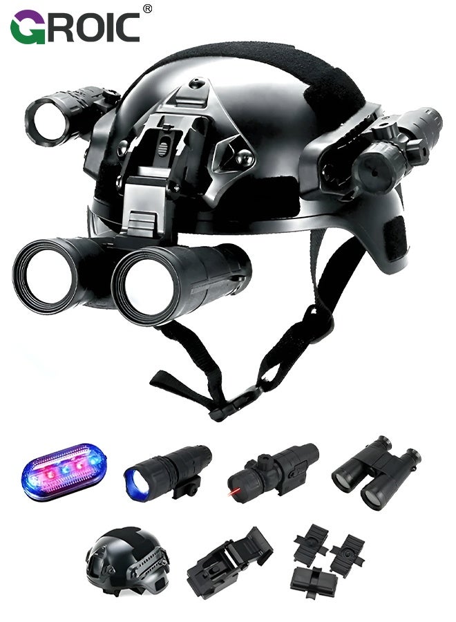 GROIC Kids Adventure Helmet, Black Outdoor Play Helmet with Flashlight, Illuminator, Binoculars and Accessories, Role-Play Gear for Children Outdoor Games and Cosplay, Adjustable Helmet - Image 1